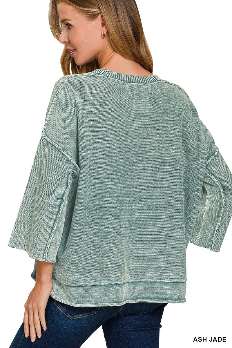 Washed 3/4 Sleeve Boxy Sweater