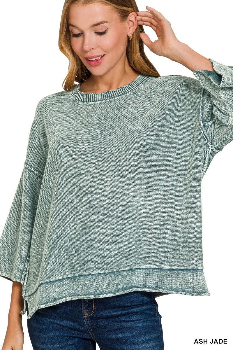 Washed 3/4 Sleeve Boxy Sweater