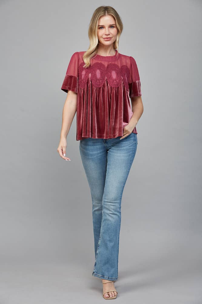 LACE DETAIL VELVET BABYDOLL TOP