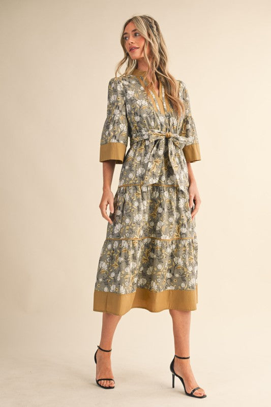 Mixed Print Midi Dress