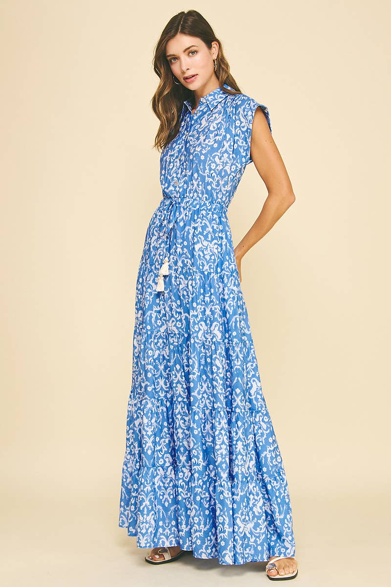 DAMASK PRINT TIERED MAXI DRESS
