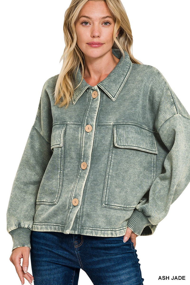 Acid Washed Fleece Cropped Shacket