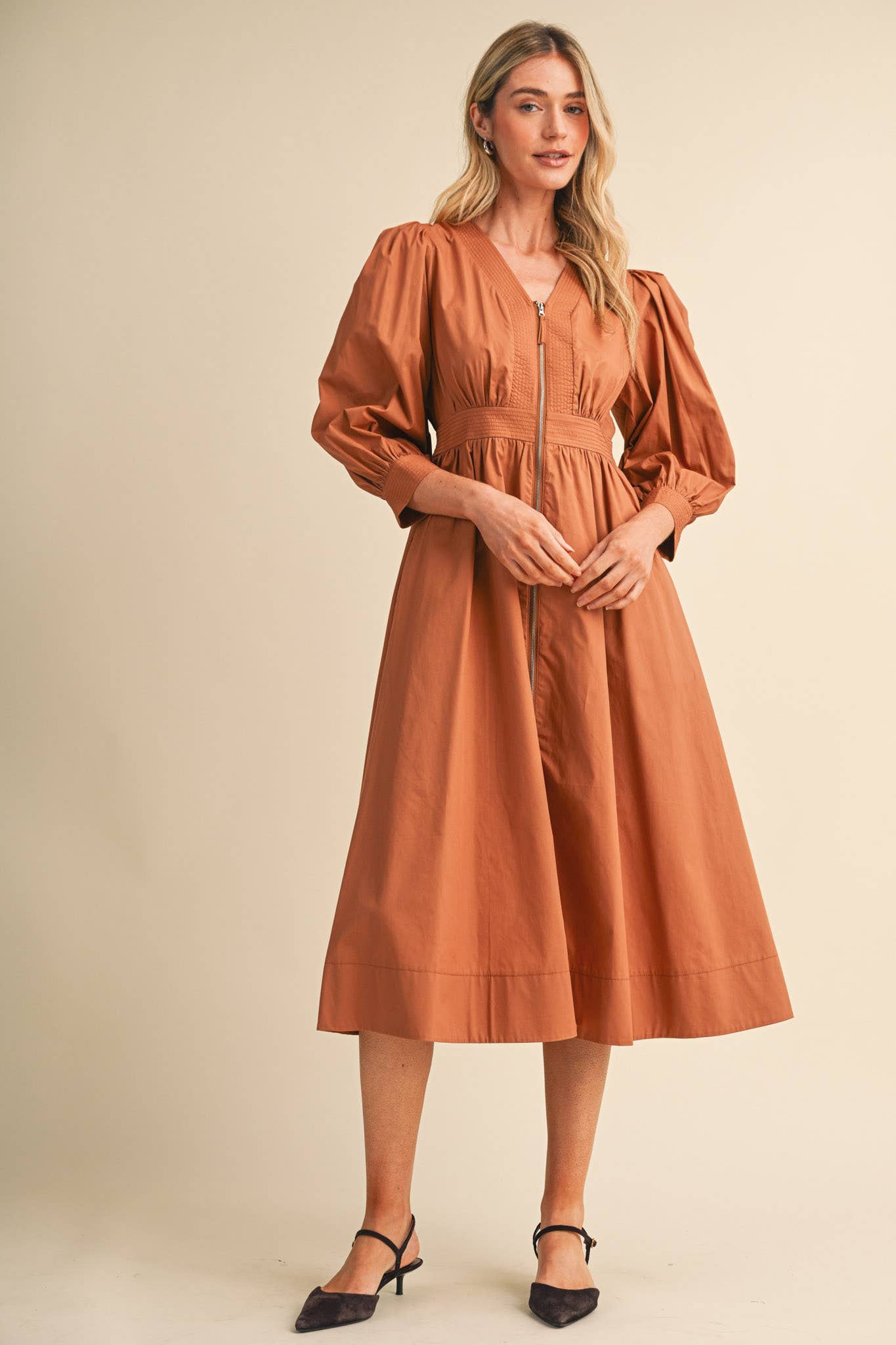 PUFF SLEEVE MIDI DRESS