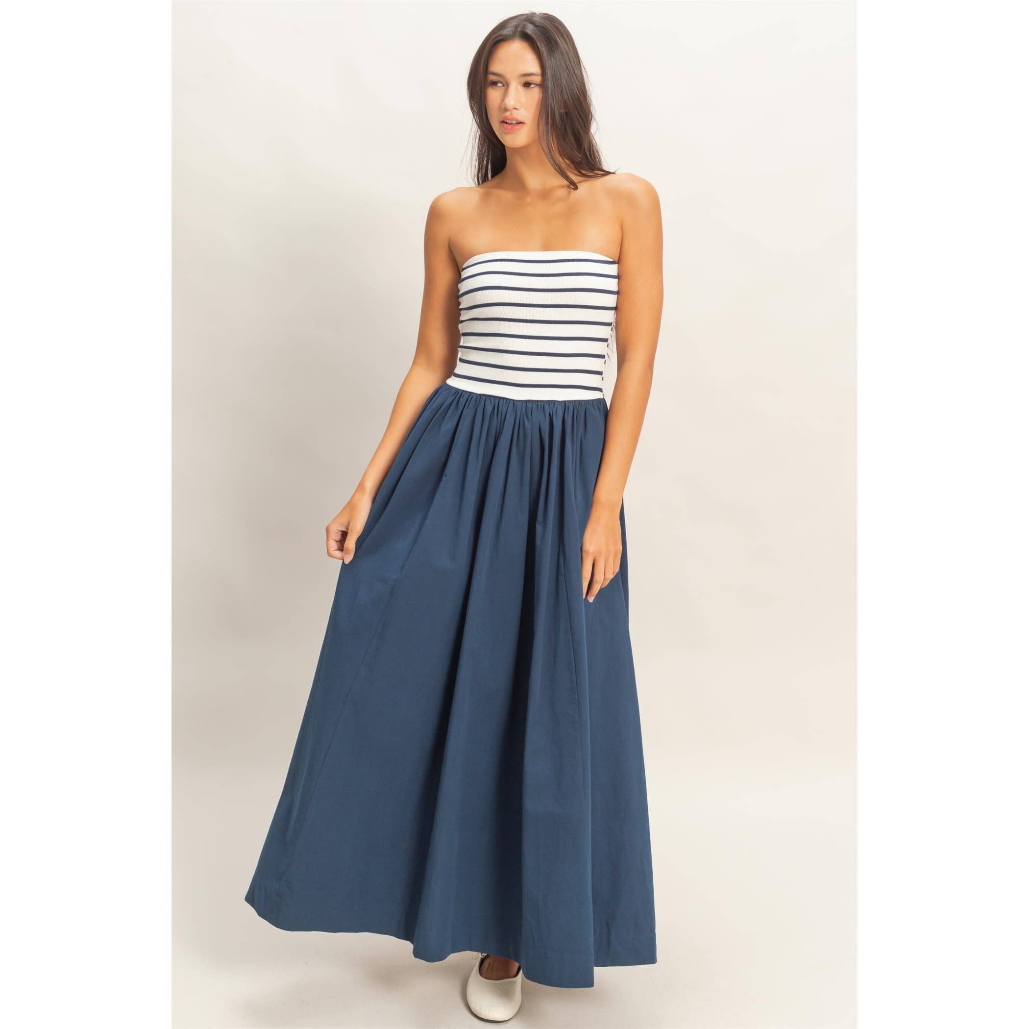 Striped Strapless Flowy Midi Dress