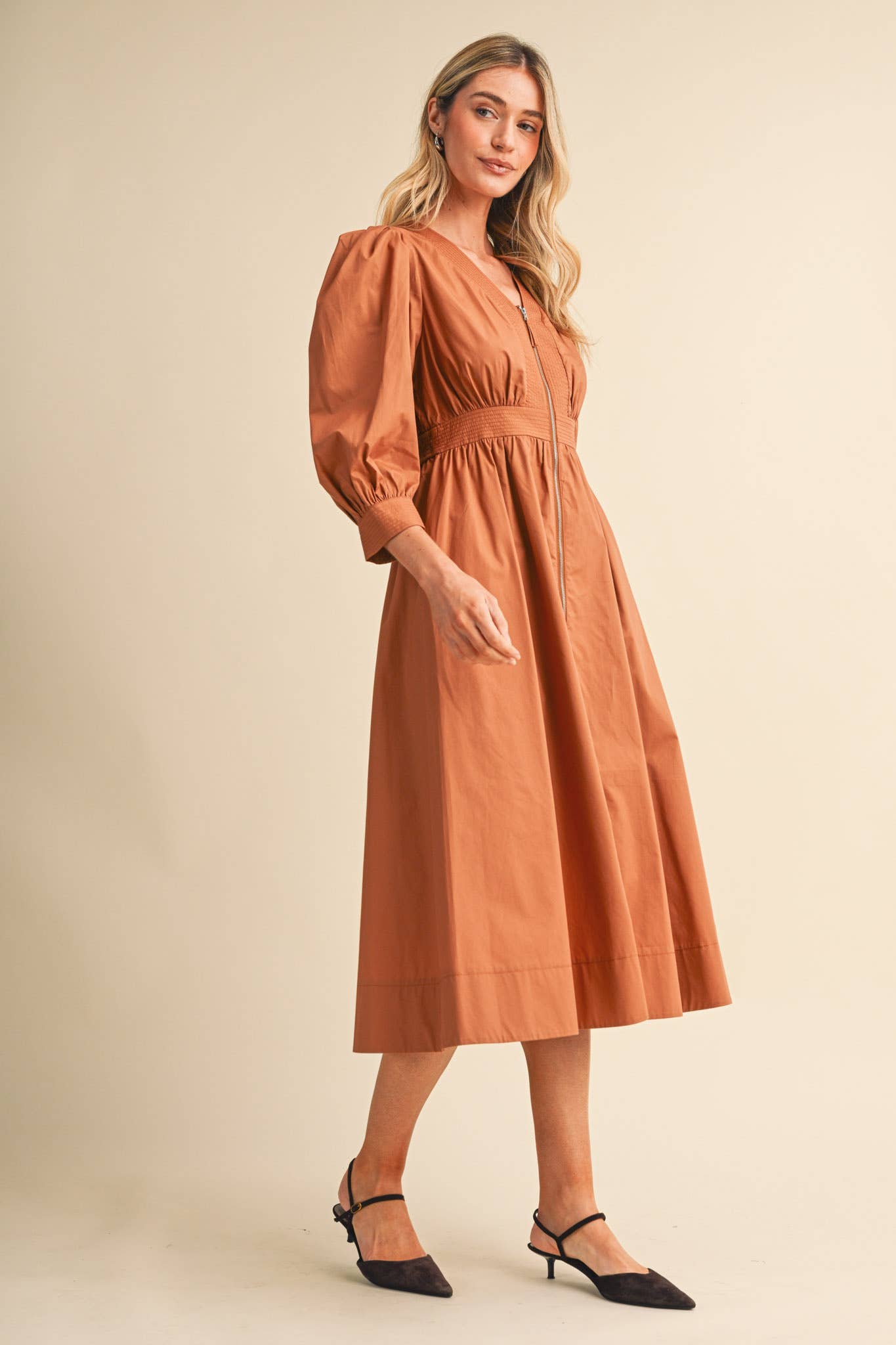 PUFF SLEEVE MIDI DRESS