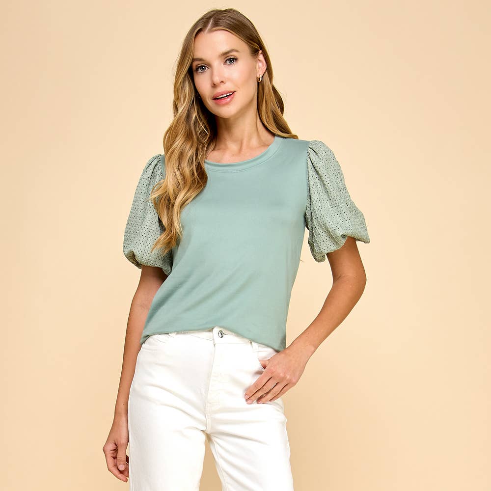 Solid Top with Contrast Puffed Sleeves