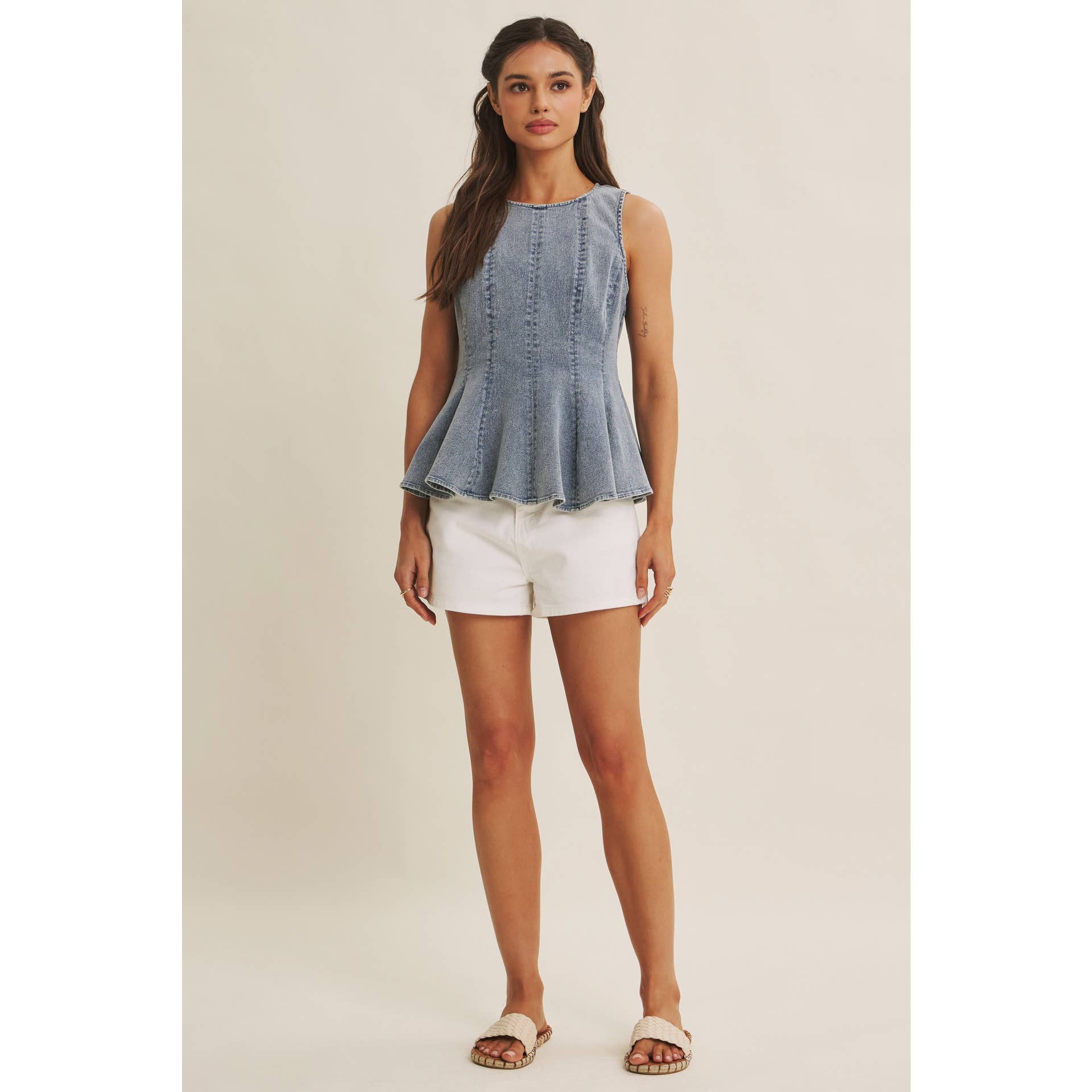 MINERAL-WASHED DENIM PEPLUM TOP