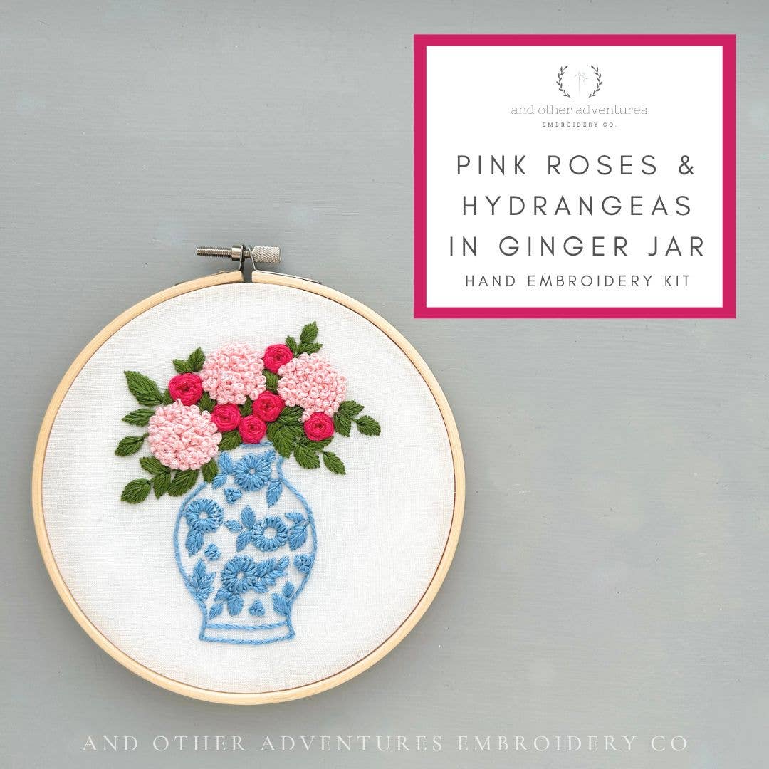 Hand Embroidery Kit - Pink Roses + Hydrangeas in Ginger Jar