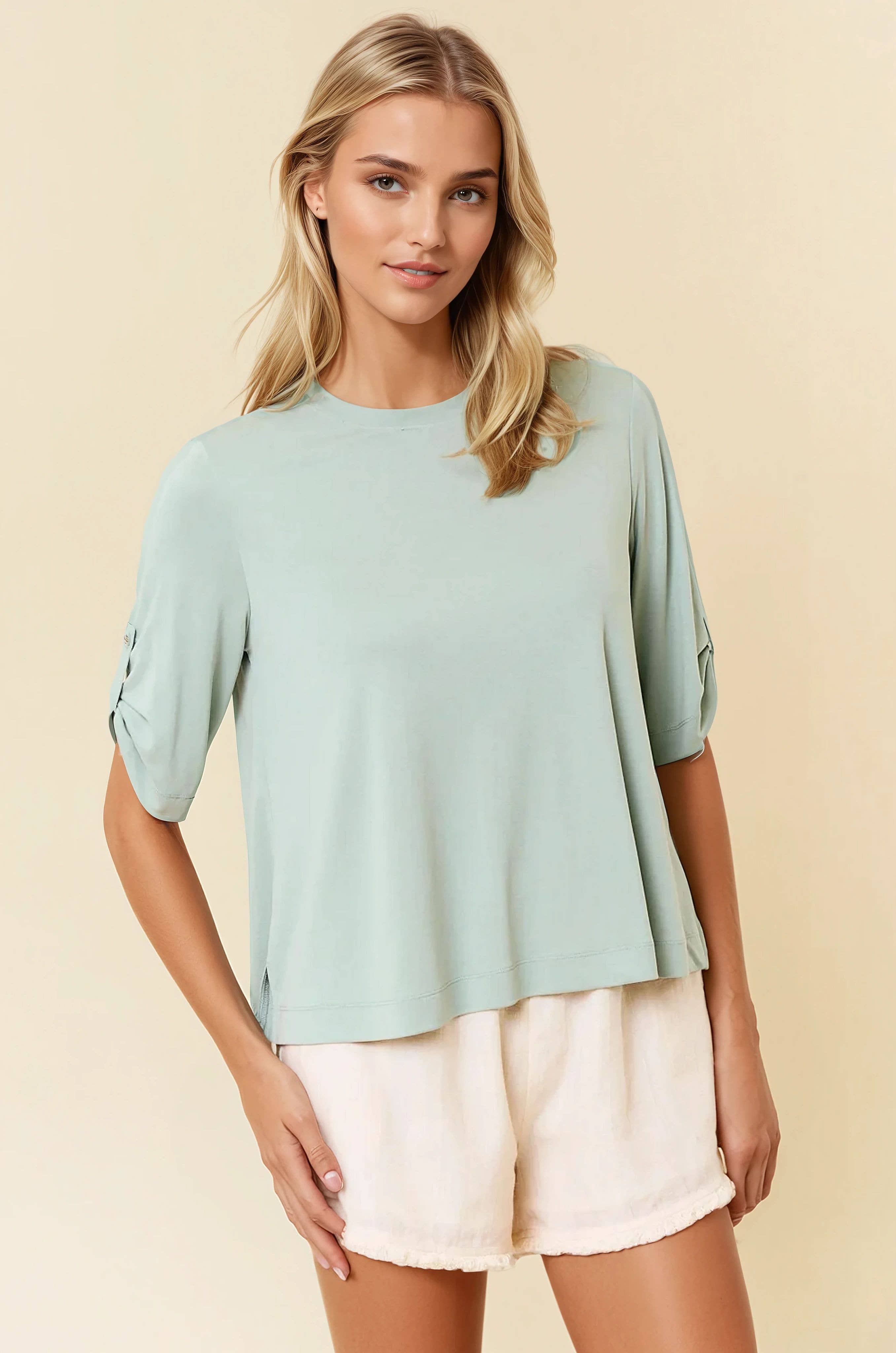 Crew Neck Roll Up Short Sleeve Tee