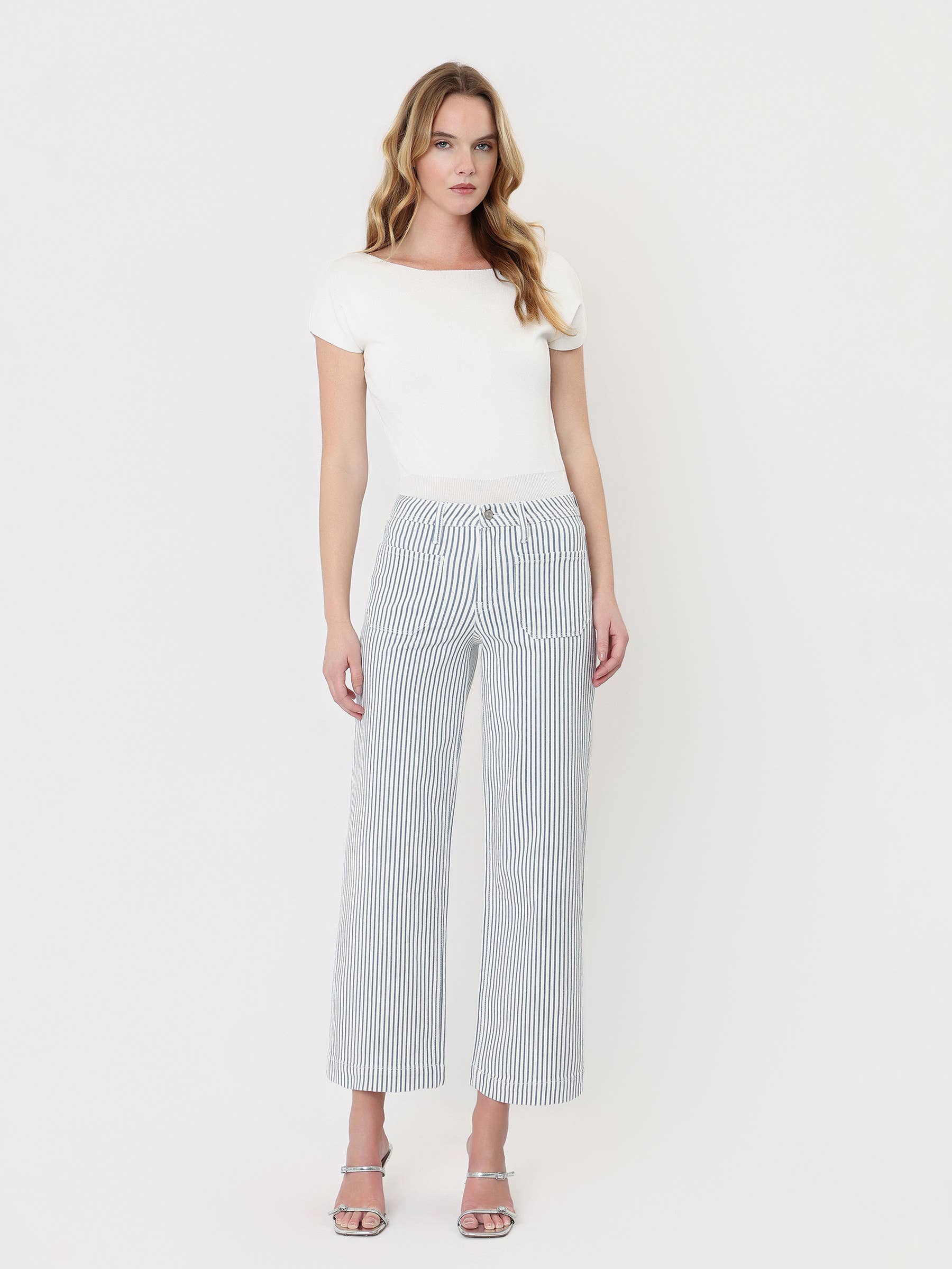 STRIPE HIGH RISE WIDE LEG JEANS