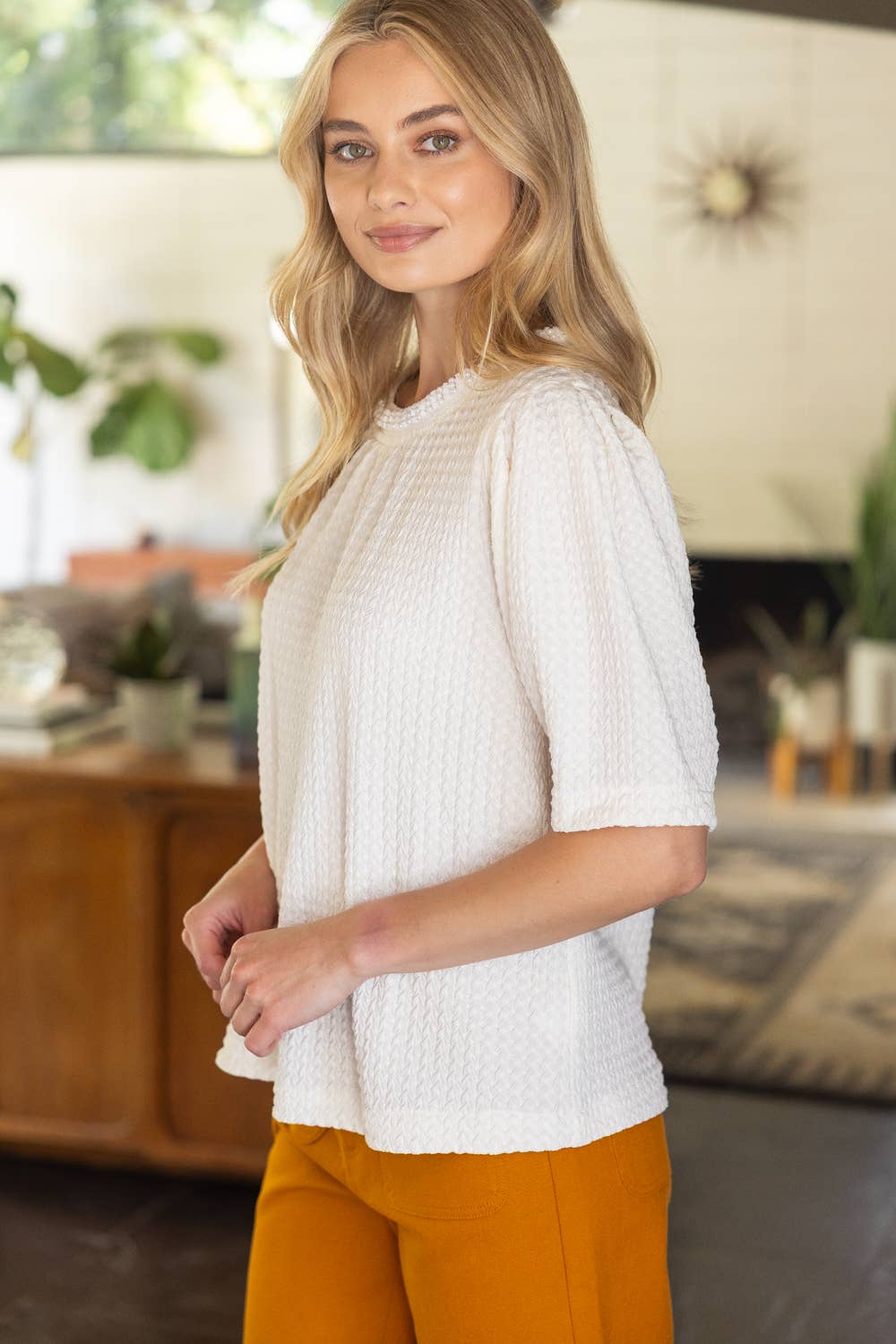 Pearl Neck Trim Textured Knit Top