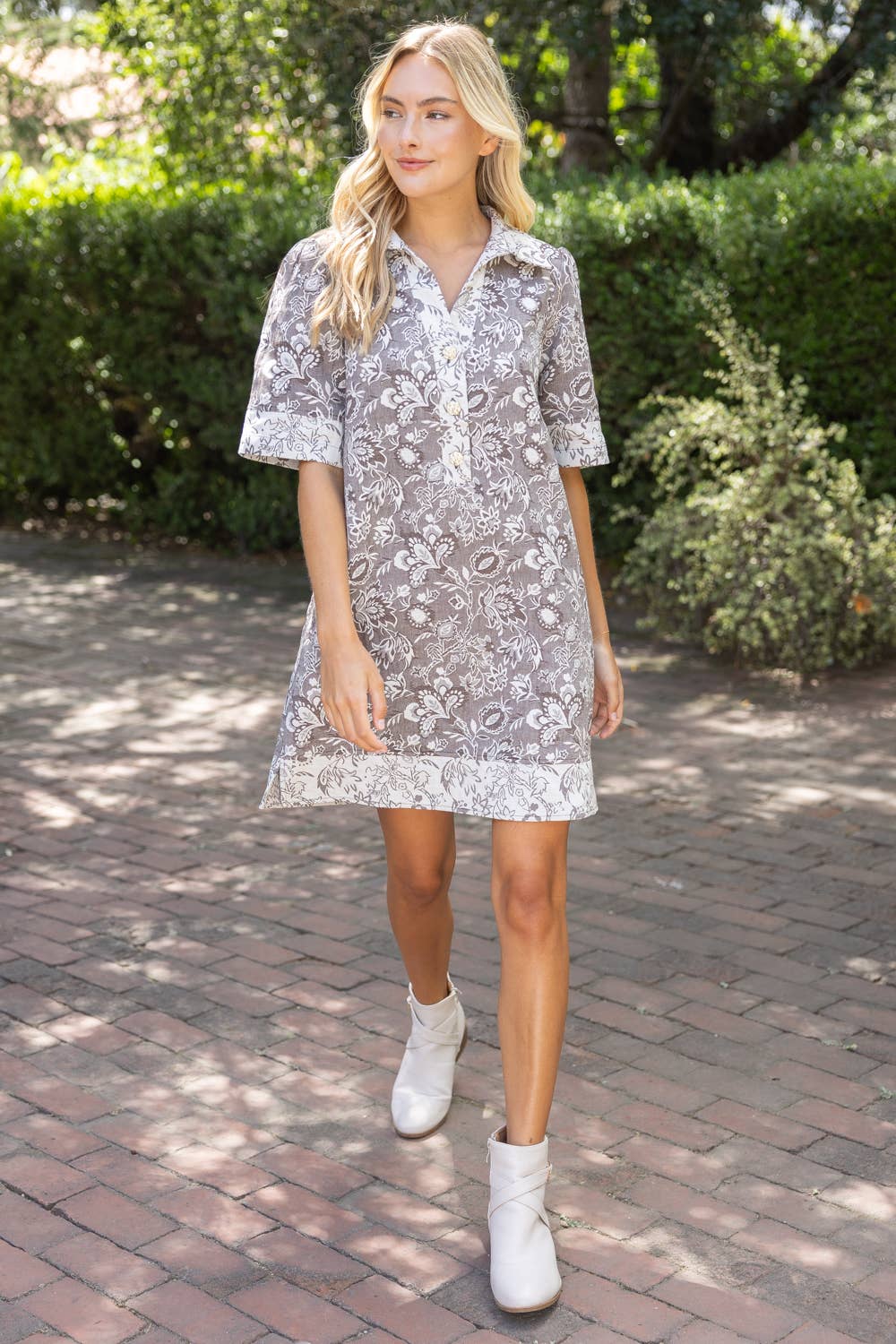 37176 Collar Quarter Button Down Floral Jacquard Dress