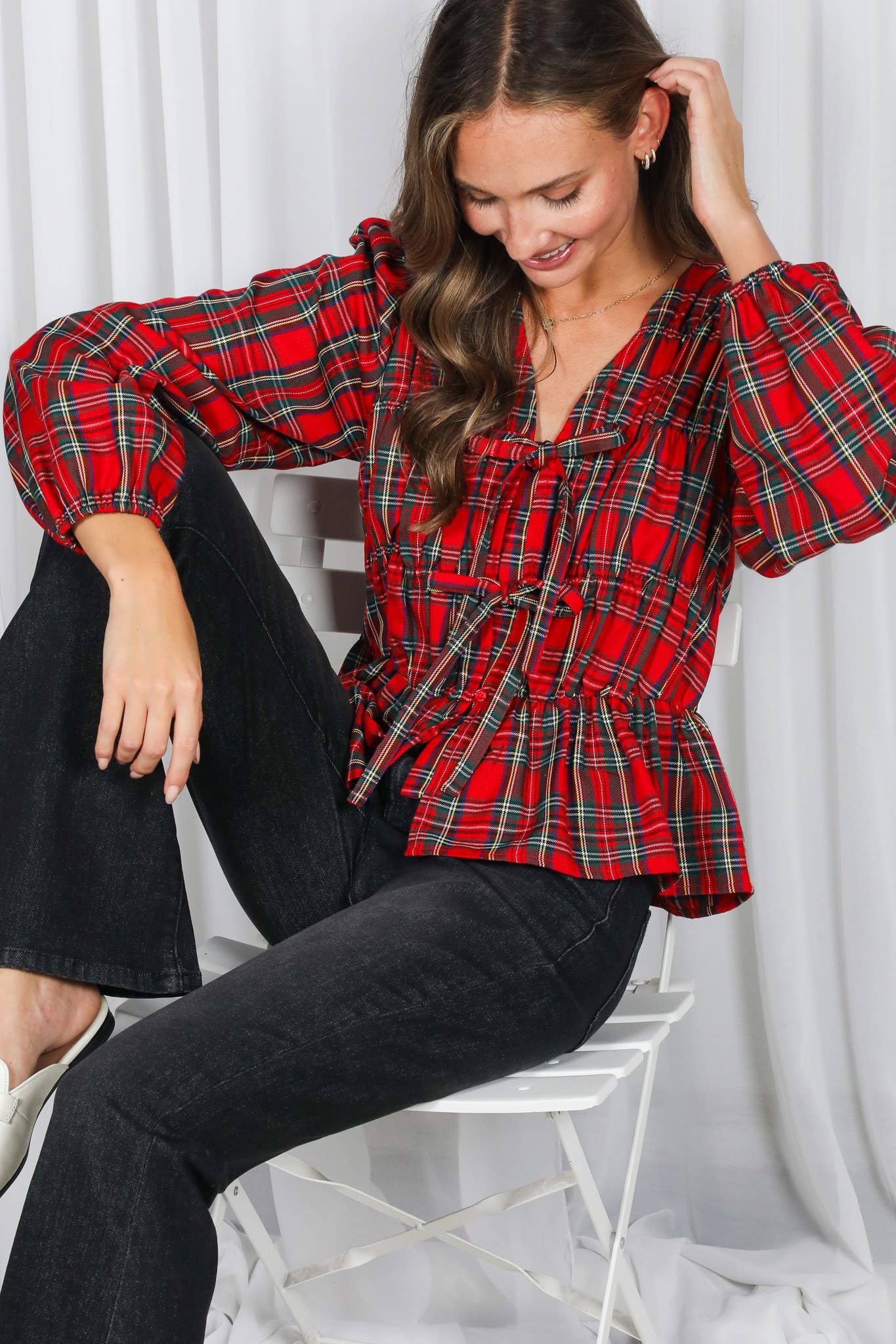 Tie Plaid Blouse