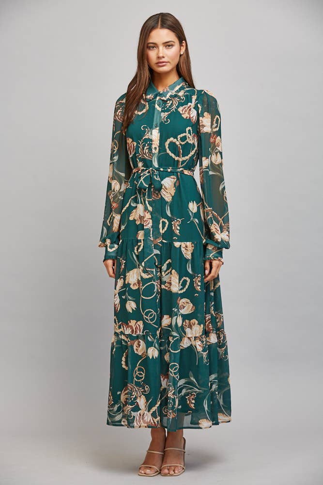 FLORAL/CHAIN PRINT CHIFFON DRESS