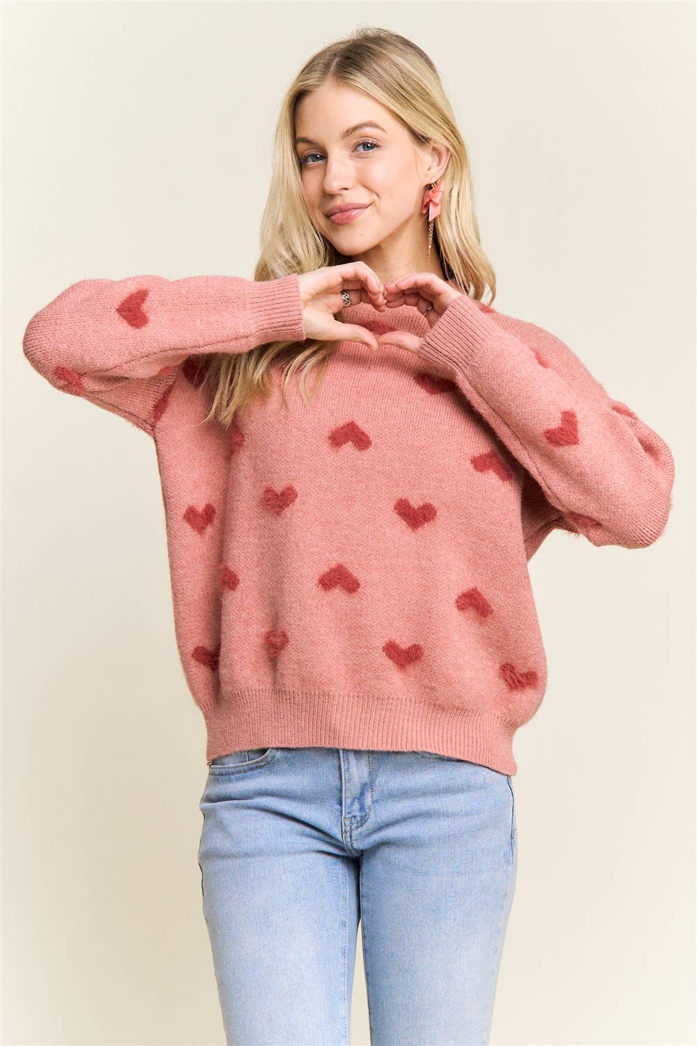 DROP SHOULDER HEART PATTERN SWEATER