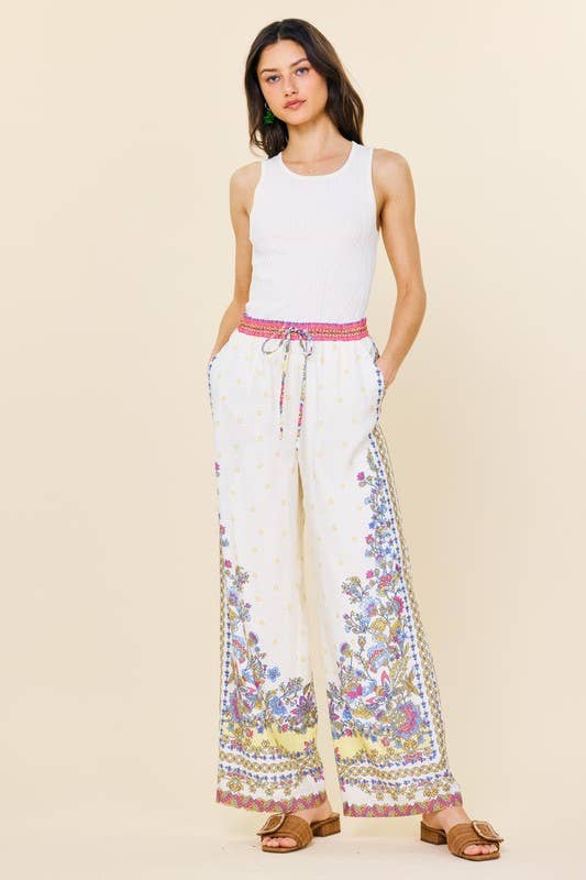 Border Print Wide Leg Pants