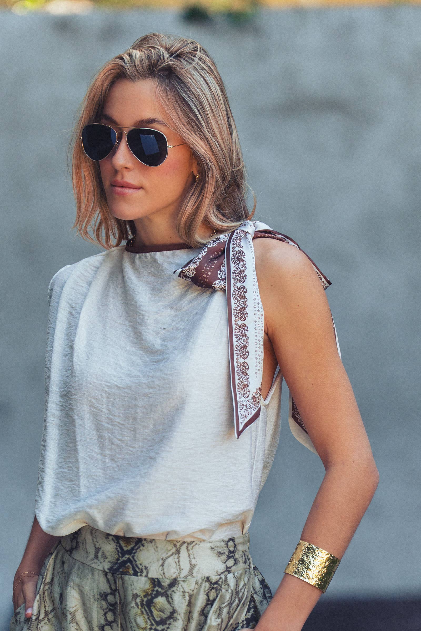 Paisley Scarf Tie Shoulder Linen Blend Top