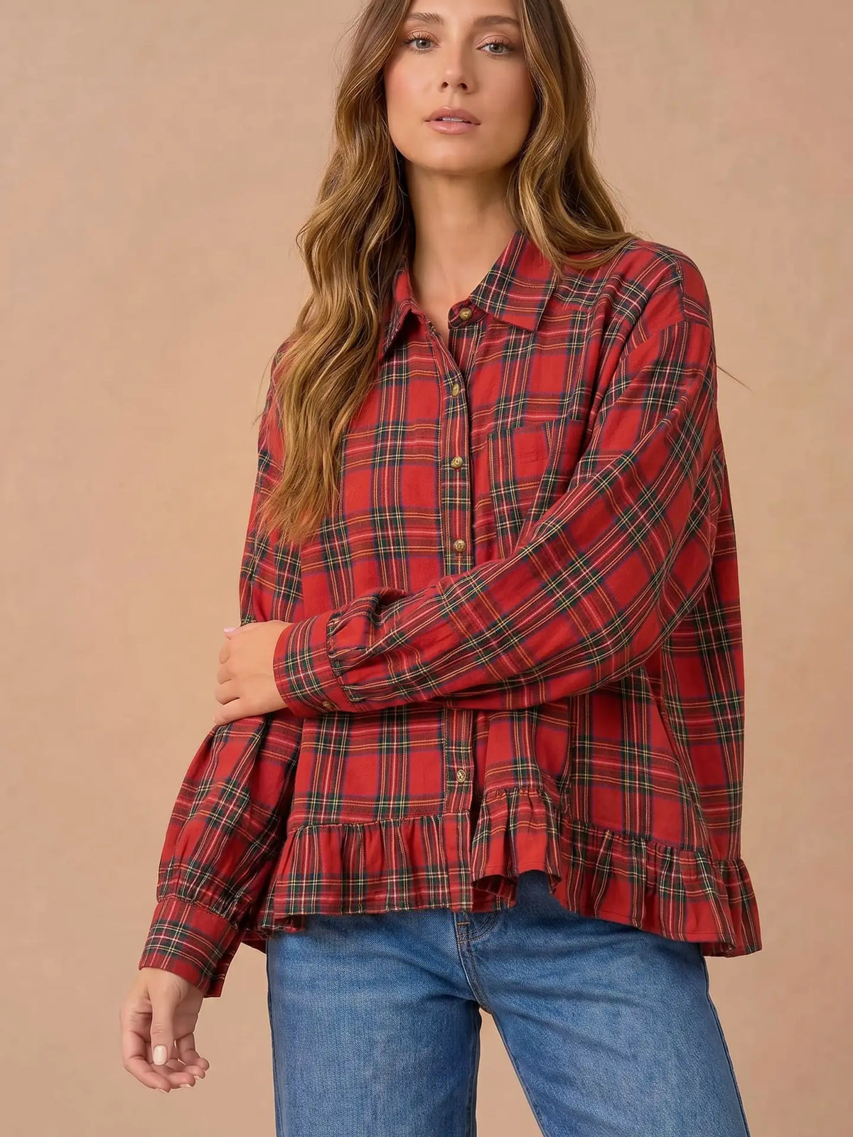 Red Plaid Peplum Blouse