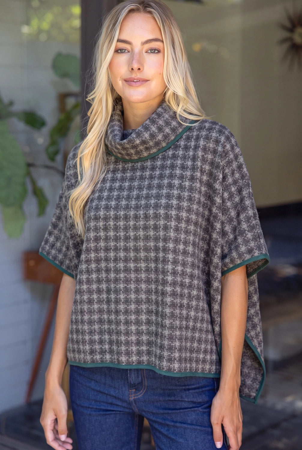 Cowl Neck Houndstooth Poncho