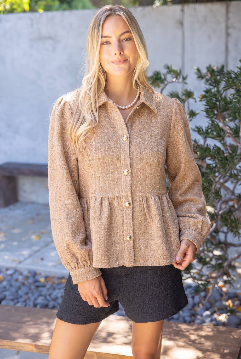 Gold Button Tweed Peplum Jacket