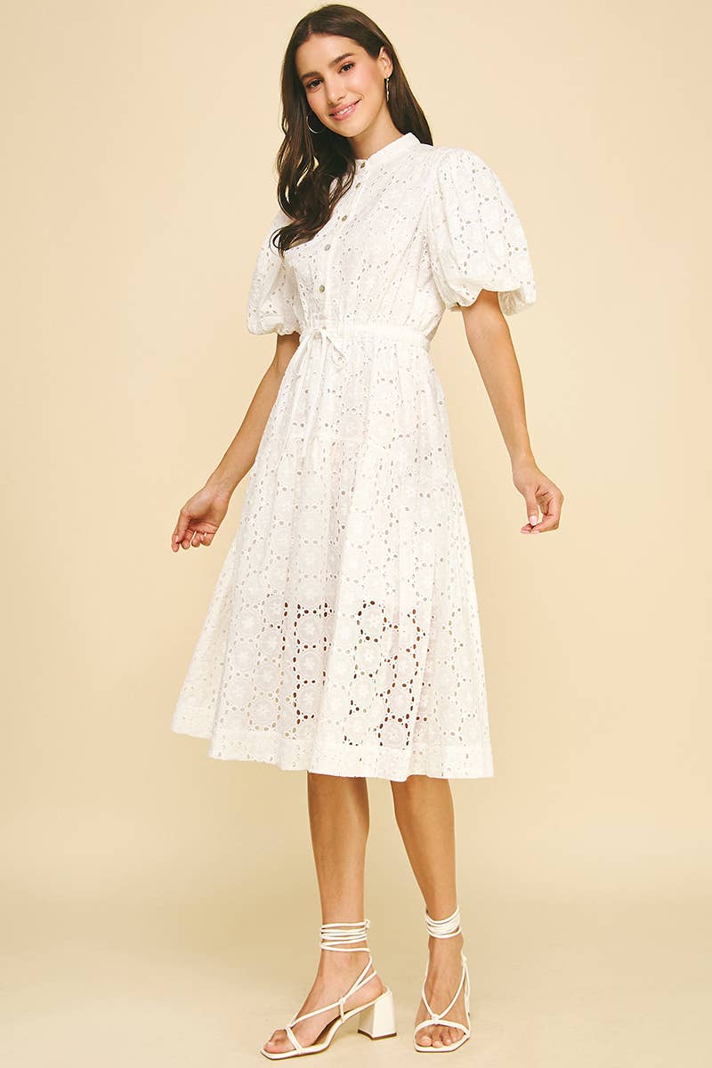 EYELET EMBROIDERED MIDI DRESS