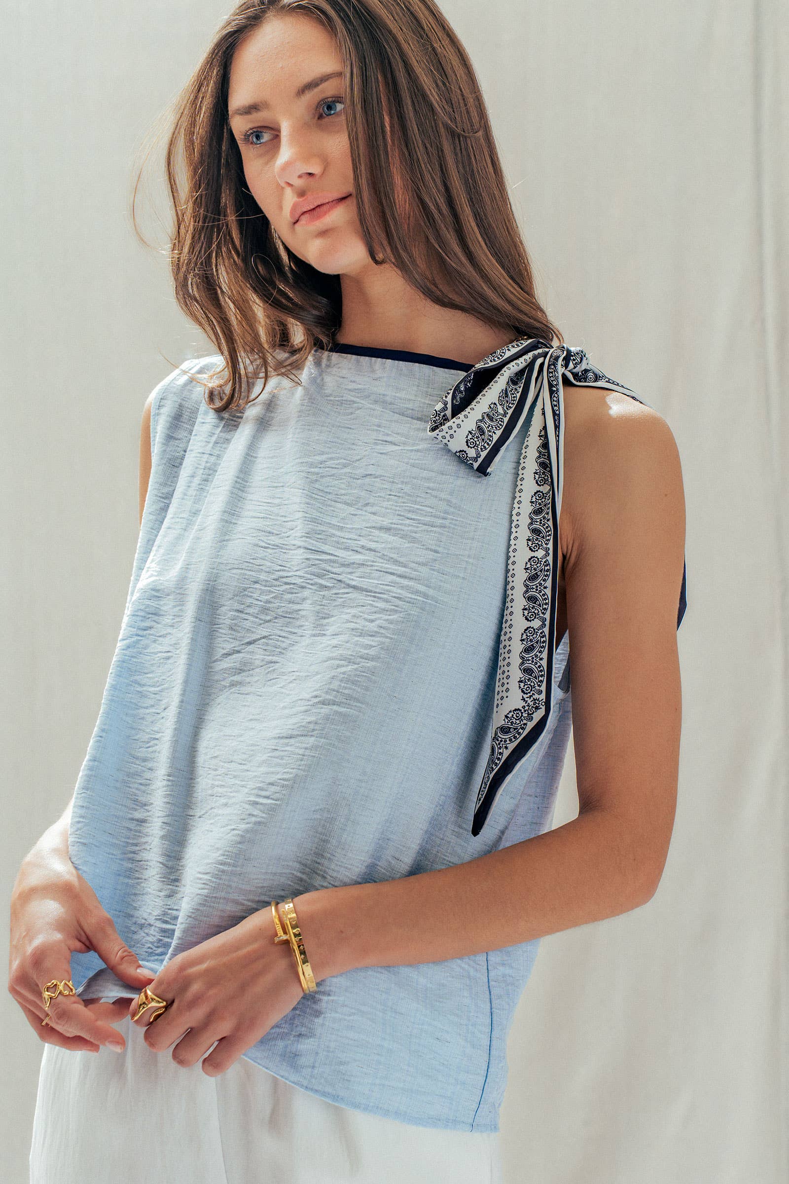 Paisley Scarf Tie Shoulder Linen Blend Top