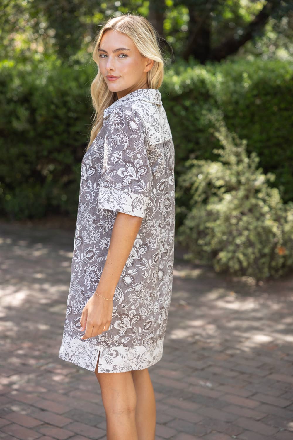 37176 Collar Quarter Button Down Floral Jacquard Dress