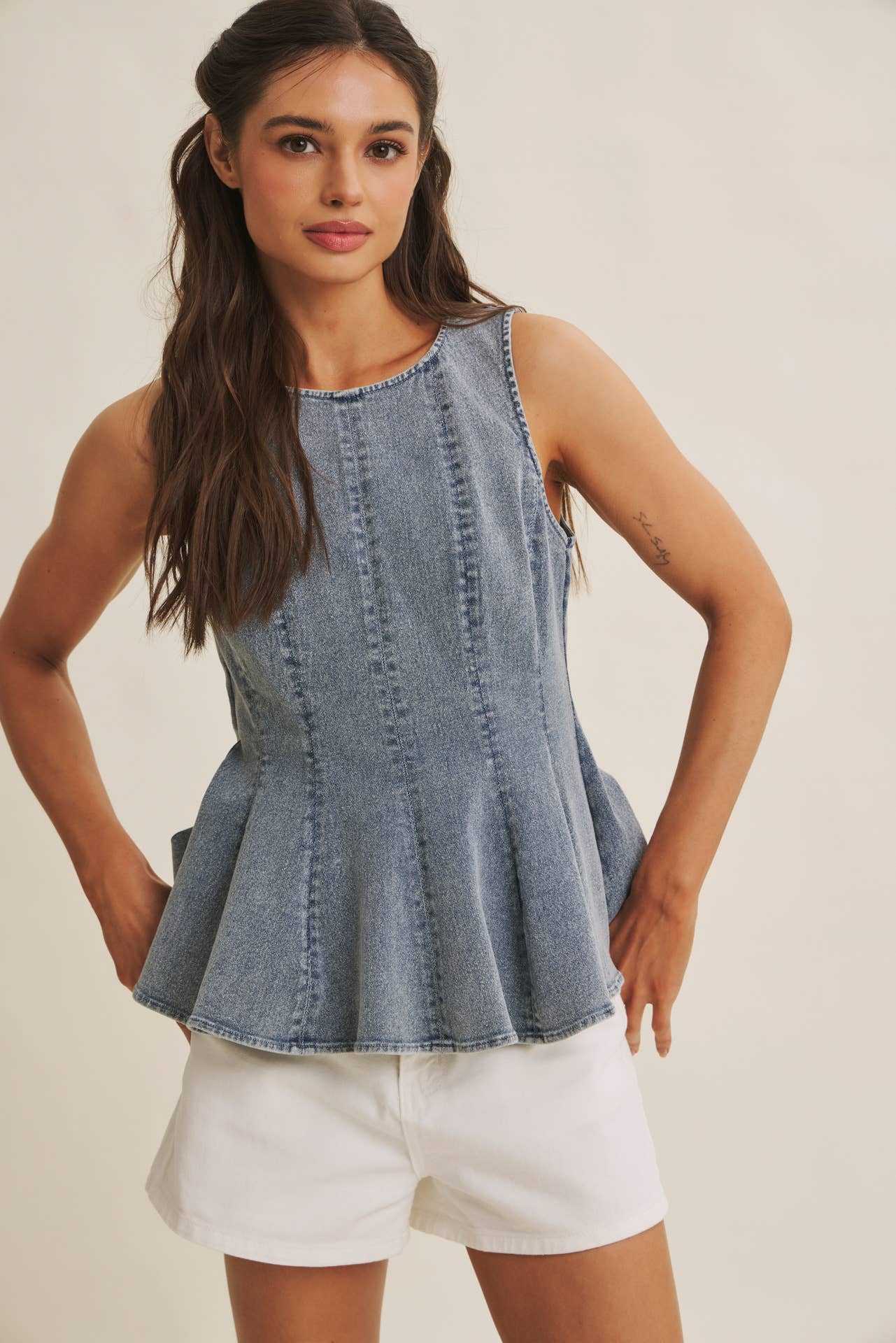 MINERAL-WASHED DENIM PEPLUM TOP