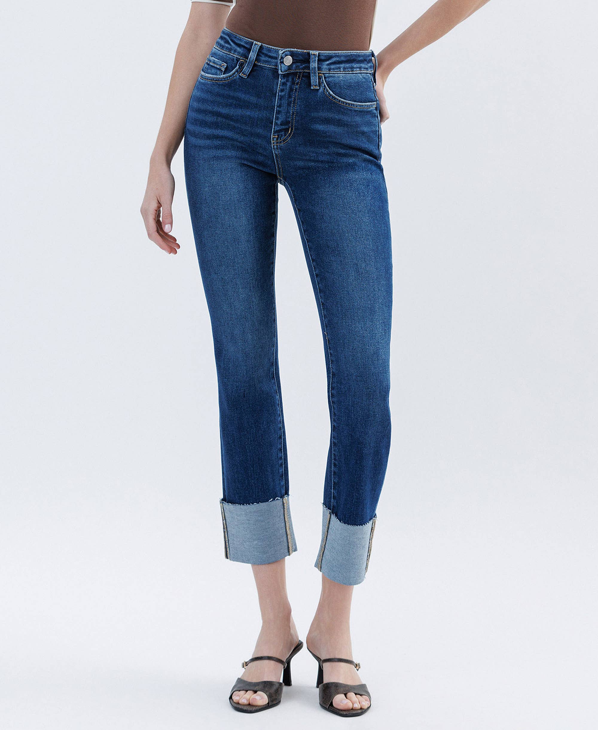 HIGH RISE CUFFED SLIM STRAIGHT JEANS