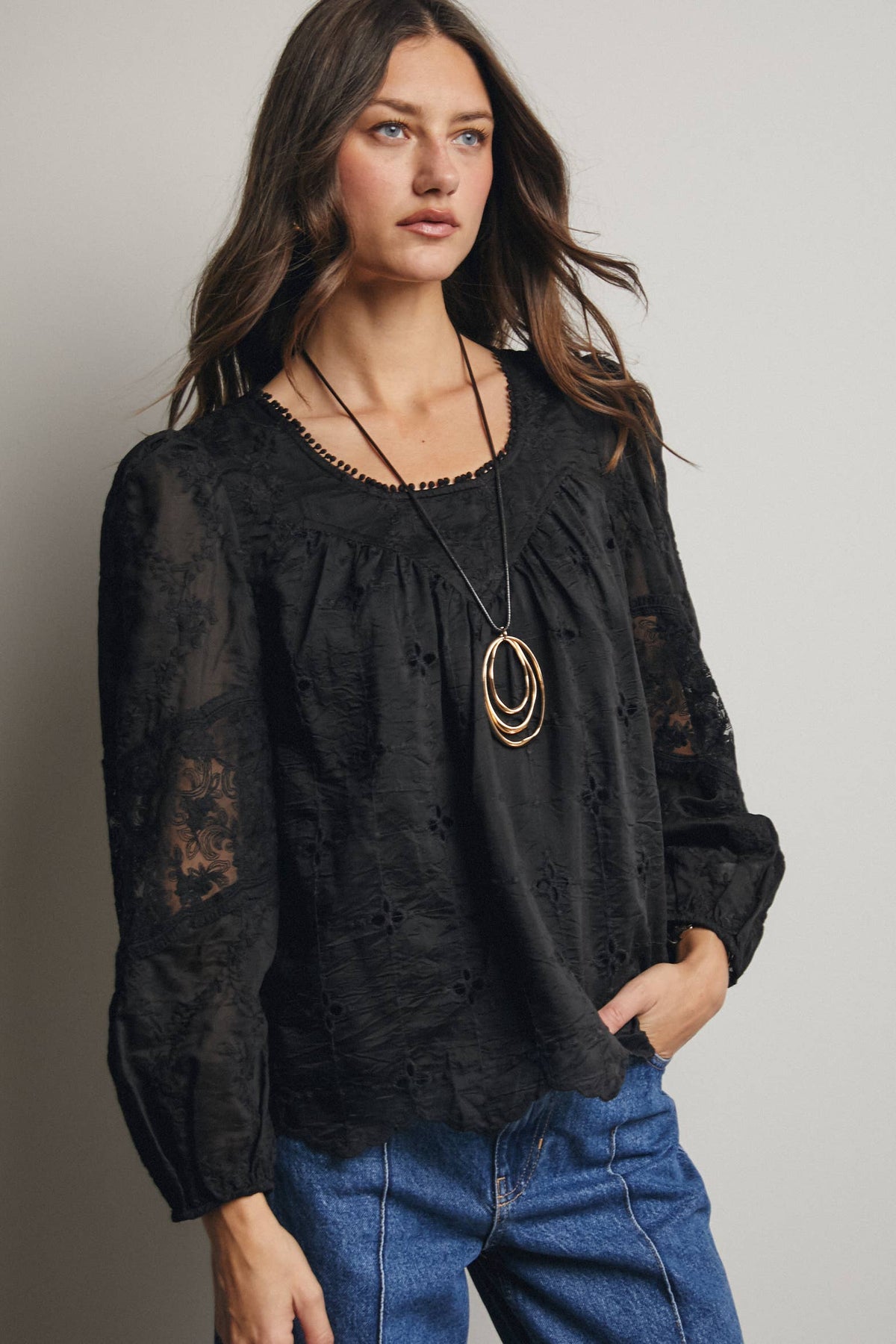 Embroidered Lace Puff Sleeve Blouse