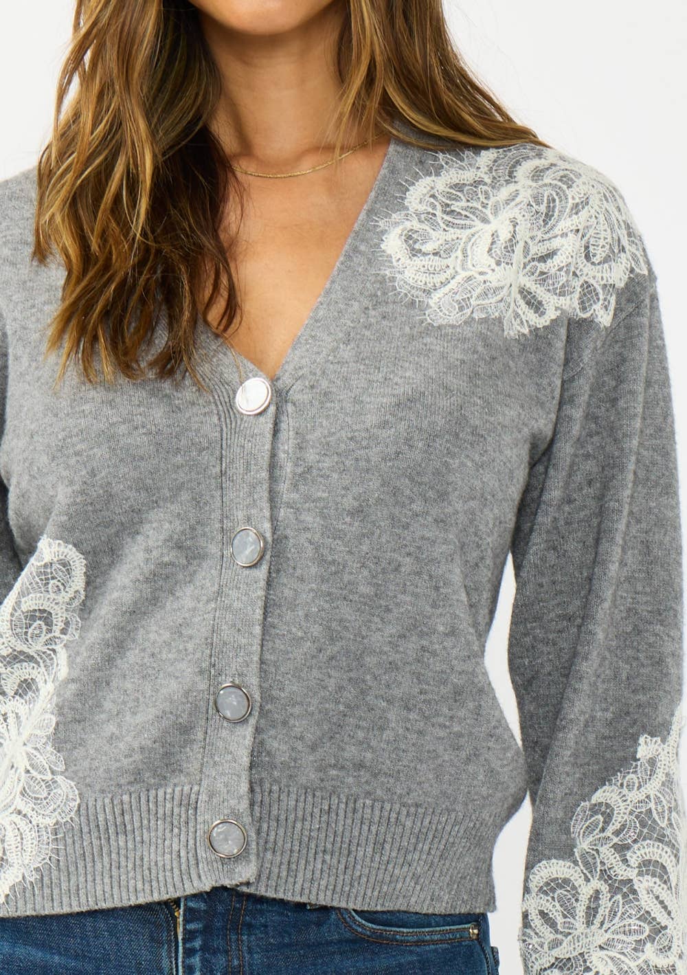 V-Neck Lace Accent Cardigan