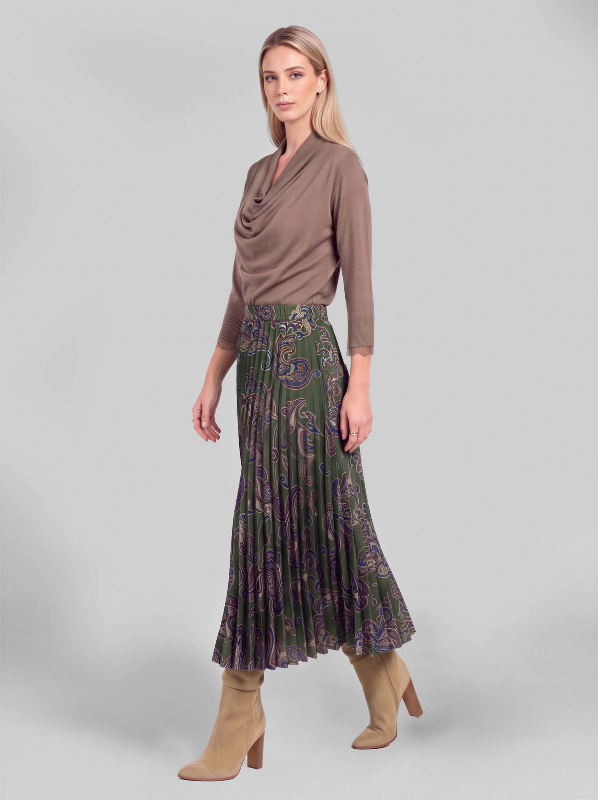 Paisley Pleated Midi Skirt