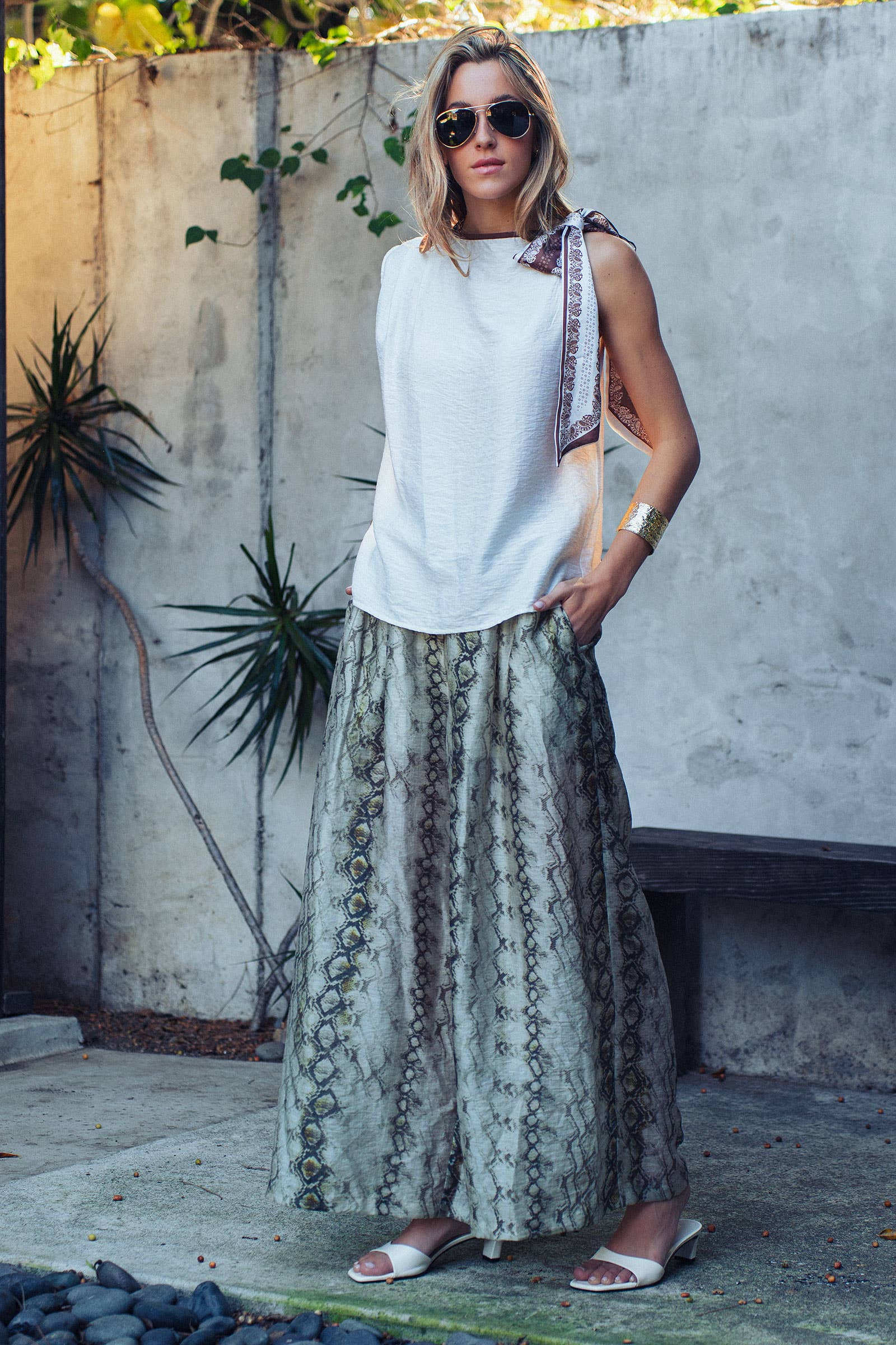 Paisley Scarf Tie Shoulder Linen Blend Top