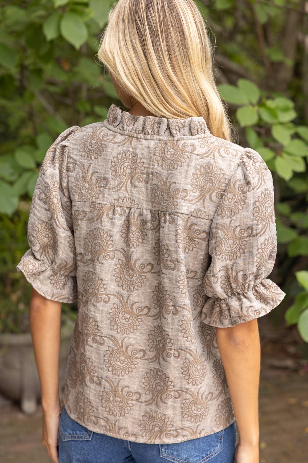 37114 Ruffled V-Neck Abstract Jacquard Organza Top