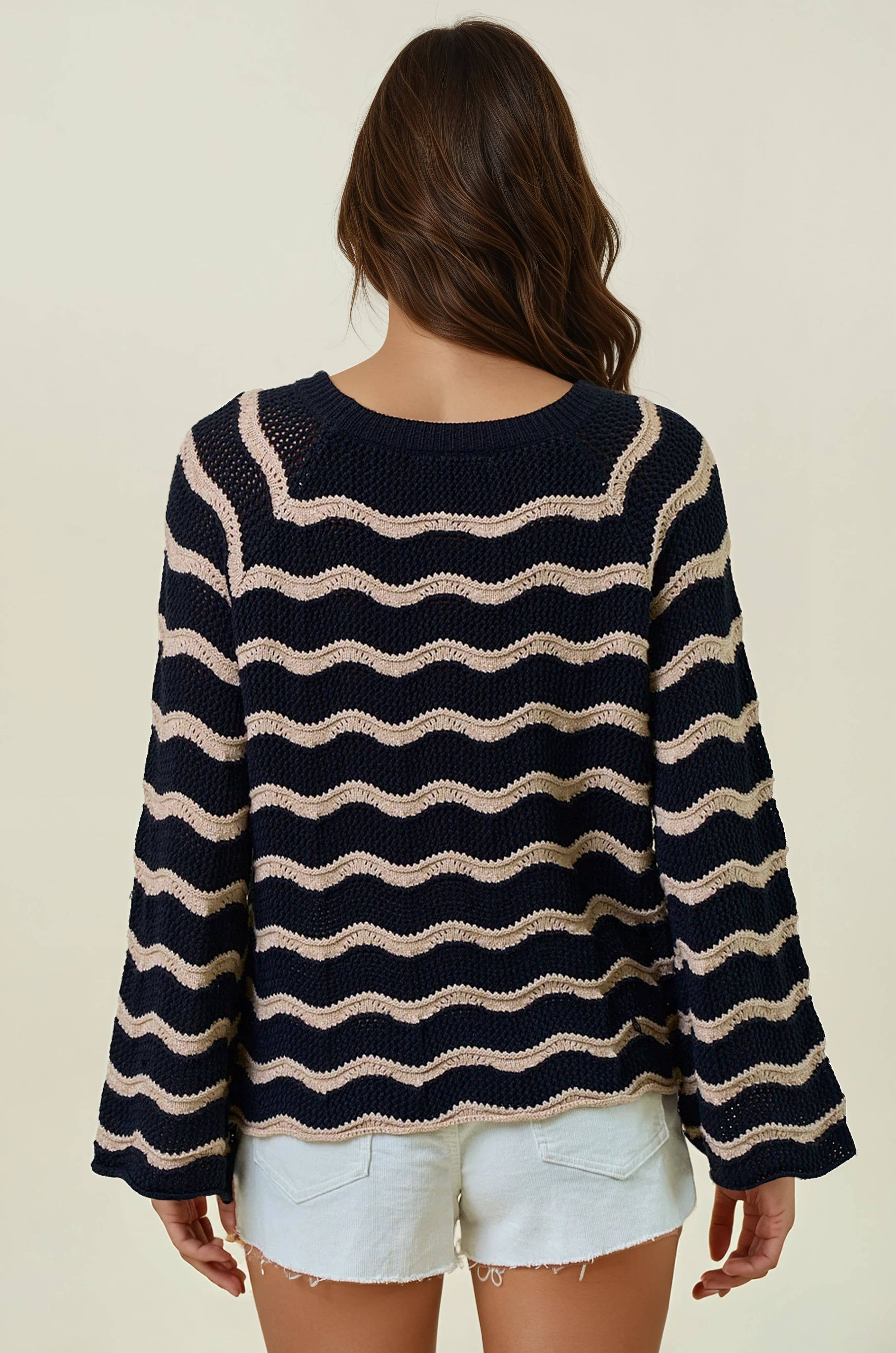 STRIPED POINTELLE BELL SLEEVE SWEATER TOP