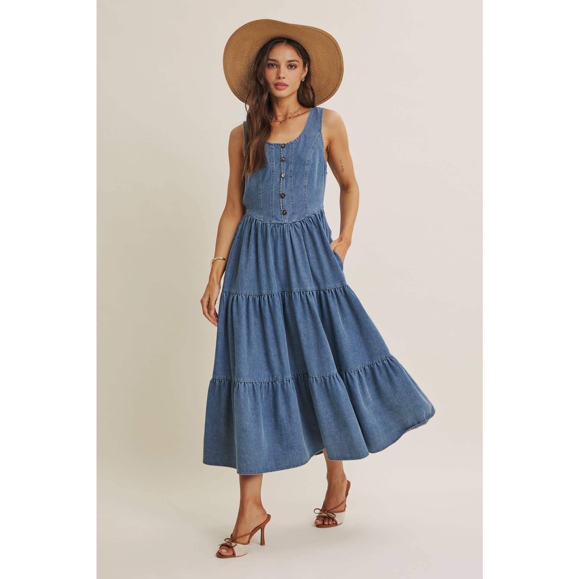 DENIM TIERED MIDI DRESS