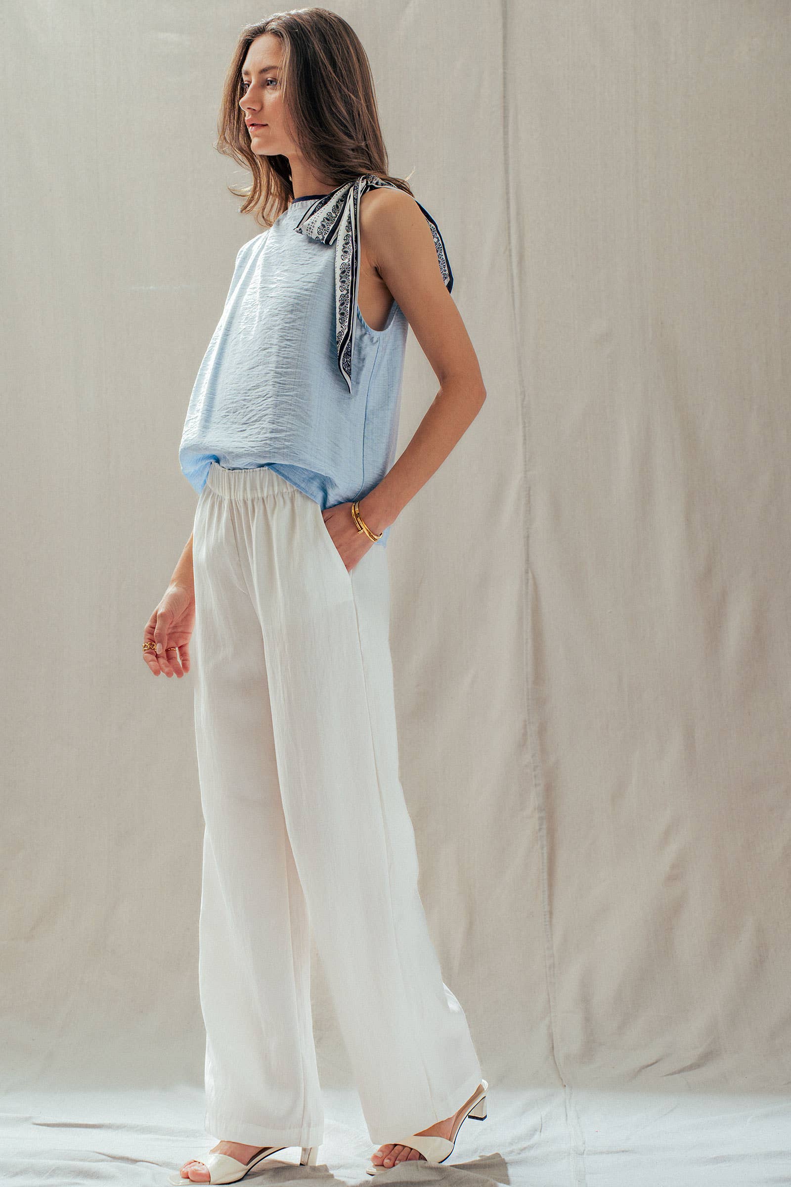 Paisley Scarf Tie Shoulder Linen Blend Top