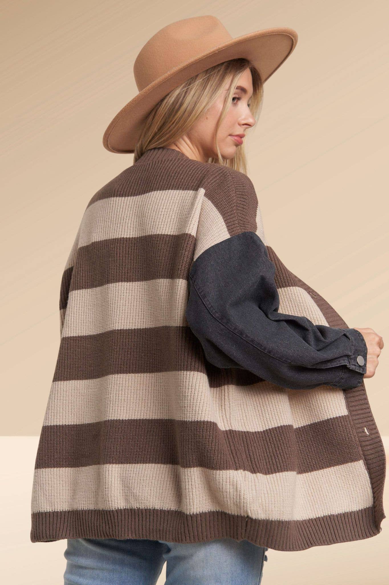 DENIM SLEEVE STRIPE CARDIGAN