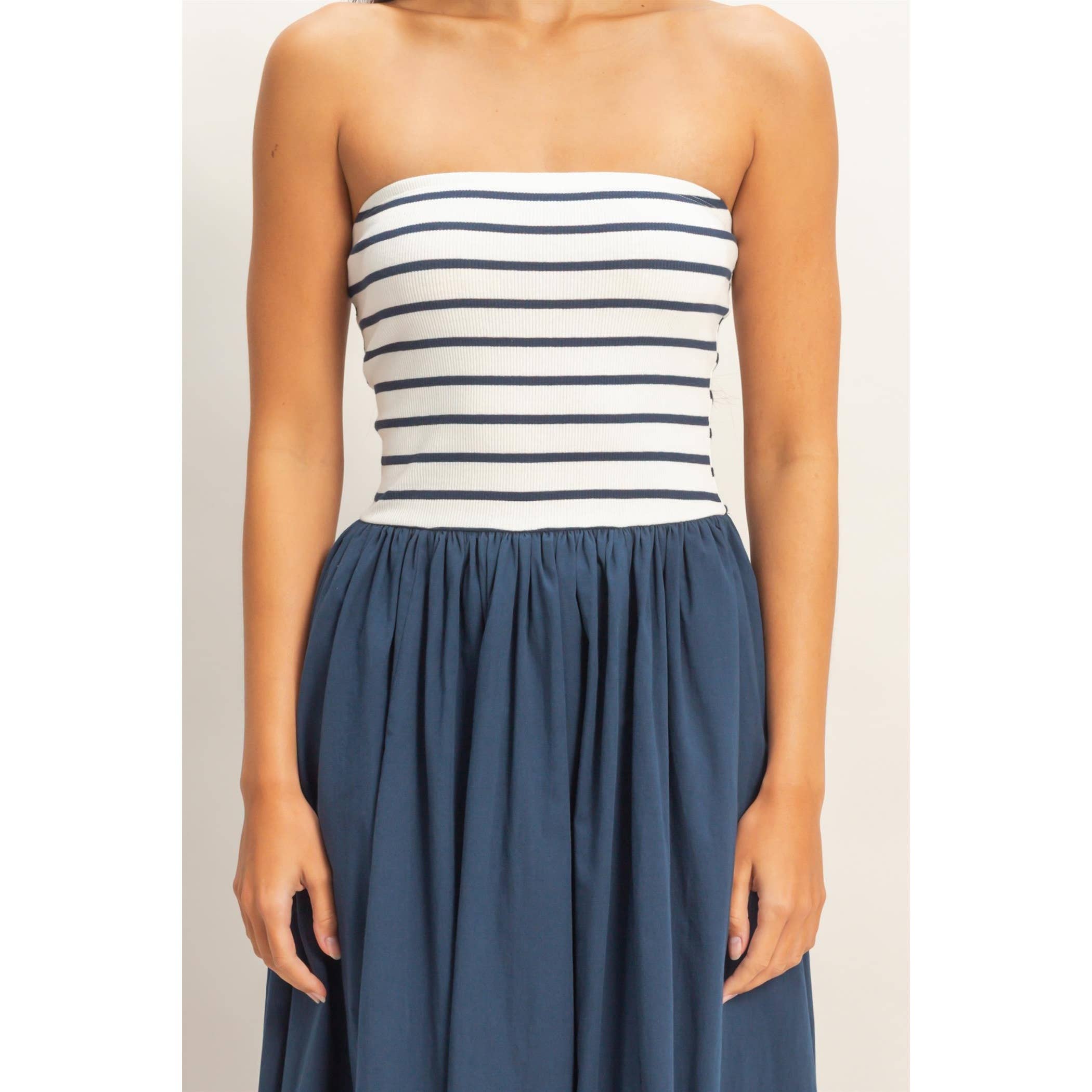 Striped Strapless Flowy Midi Dress