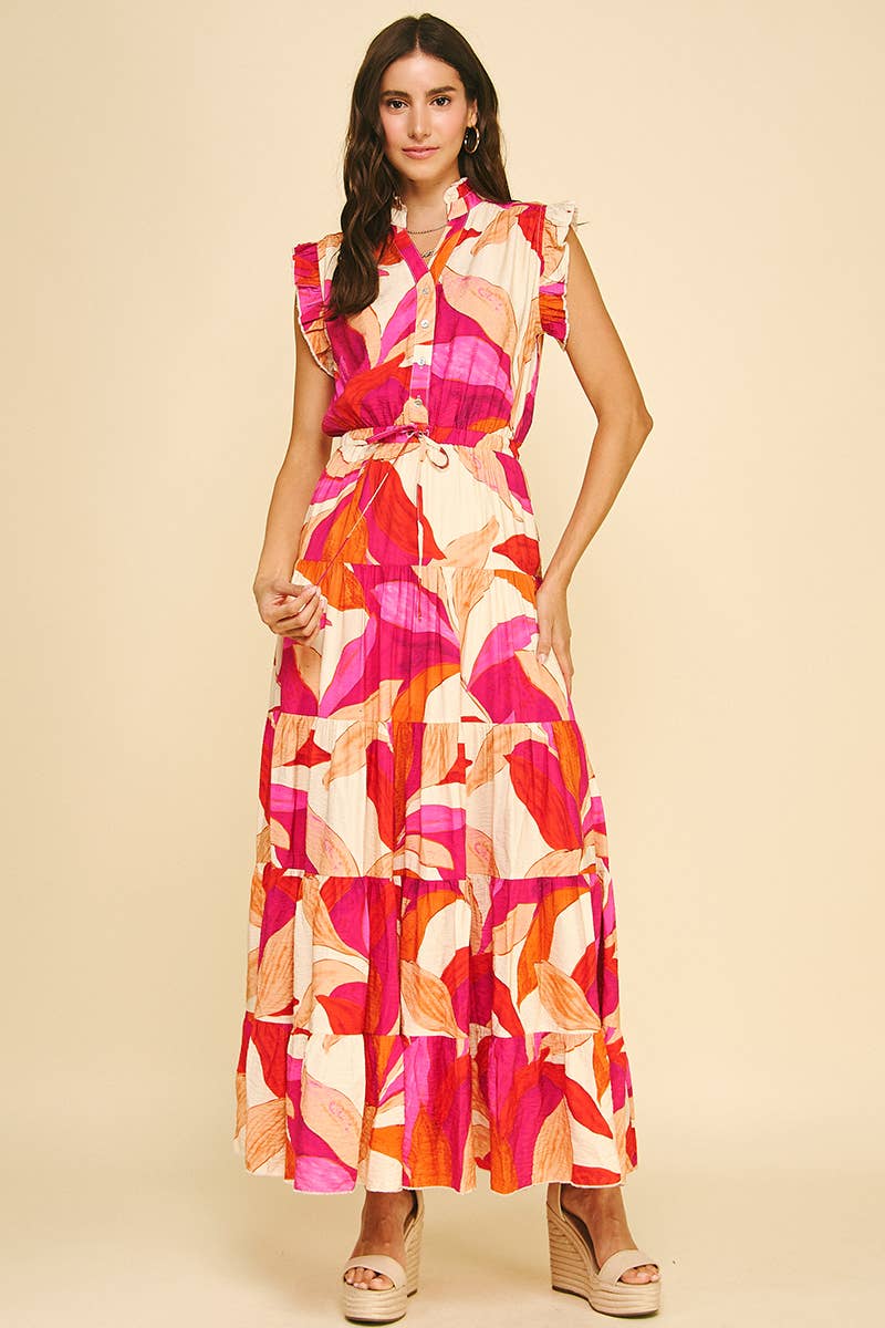 LEAF PRINT TIERED DRESS