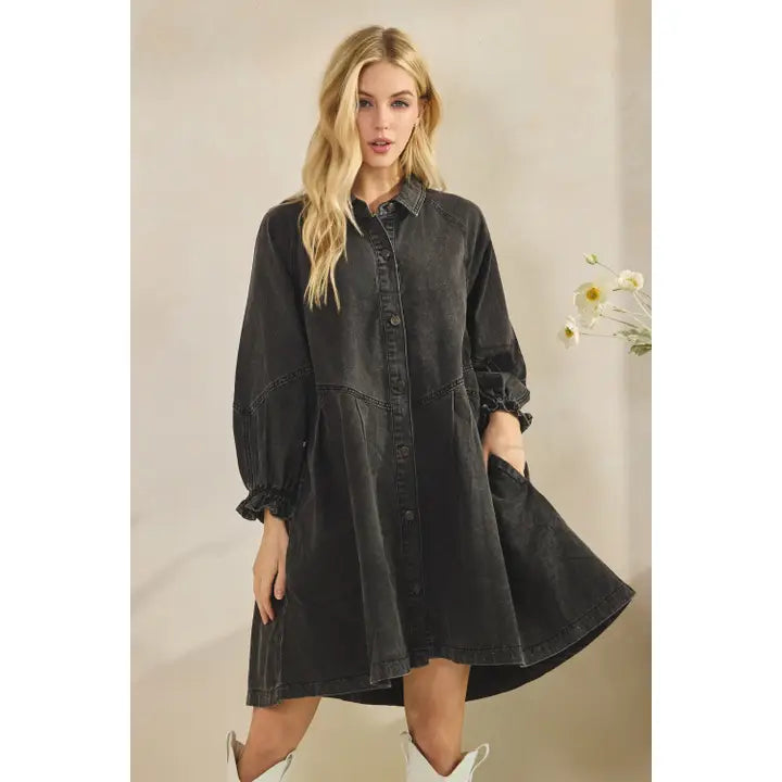 Washed Black Denim Shirt Dress