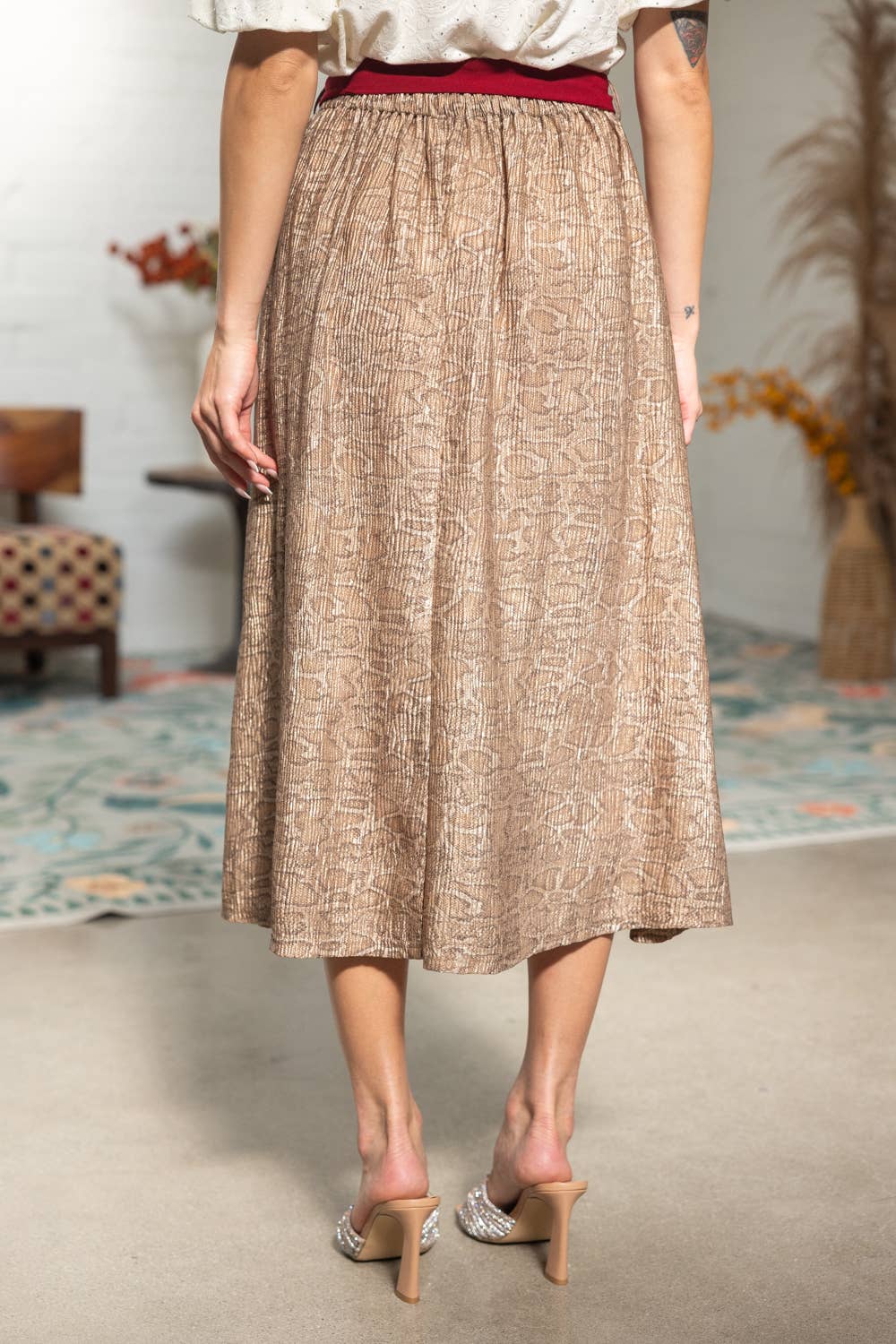 Red Belt Animal Print Midi Skirt