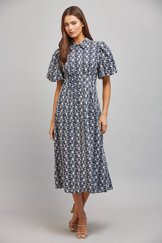 FLORAL EYELET MIDI DRESS