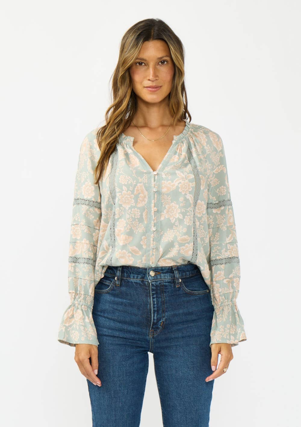 Button Front Blouse with Lace Trim