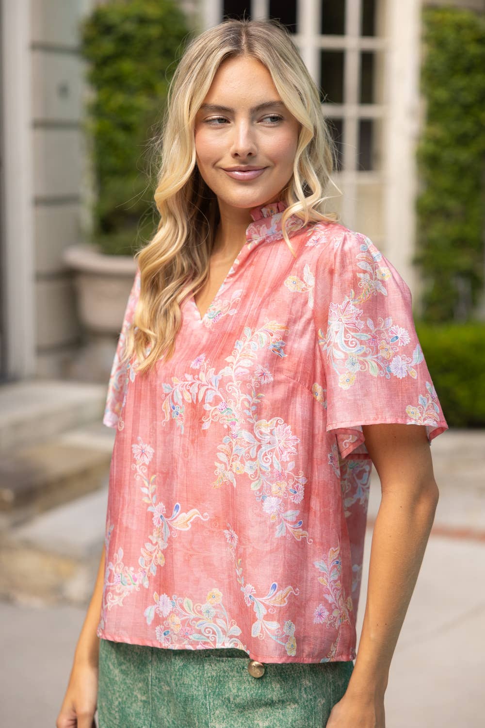 Ruffled V-Neck Floral Top