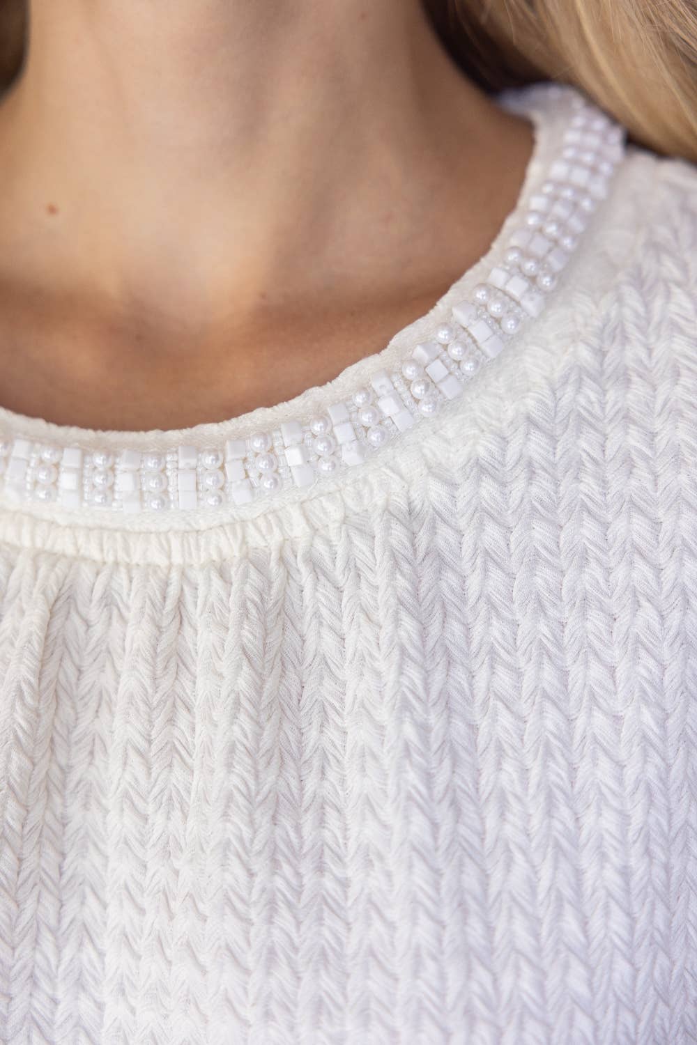 Pearl Neck Trim Textured Knit Top