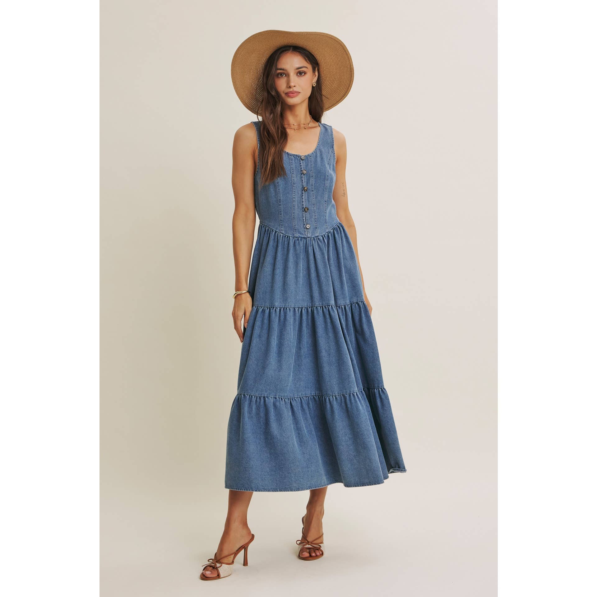 DENIM TIERED MIDI DRESS