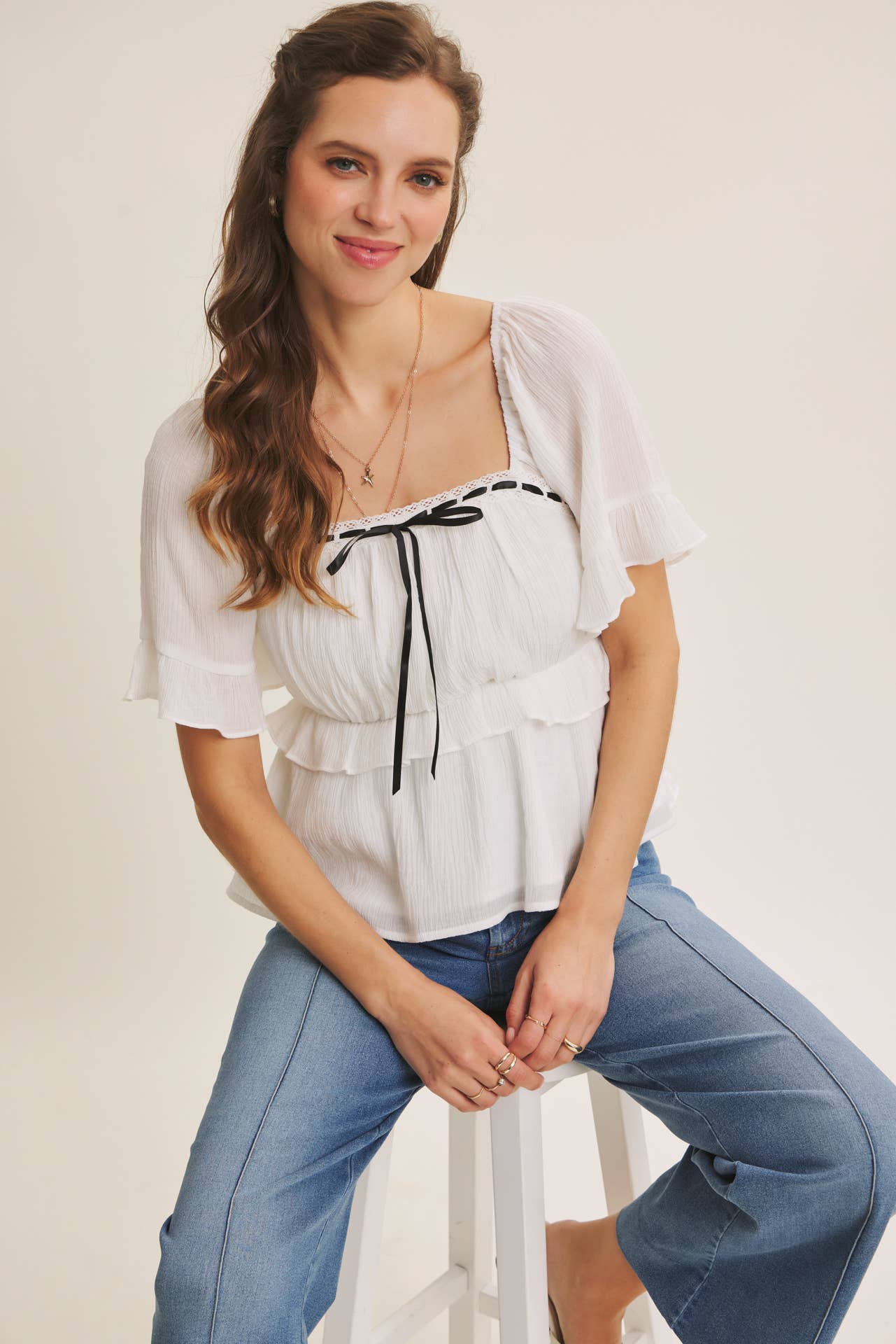 PINTUCK ANKLE LENGTH WIDE-LEG DENIM PANTS