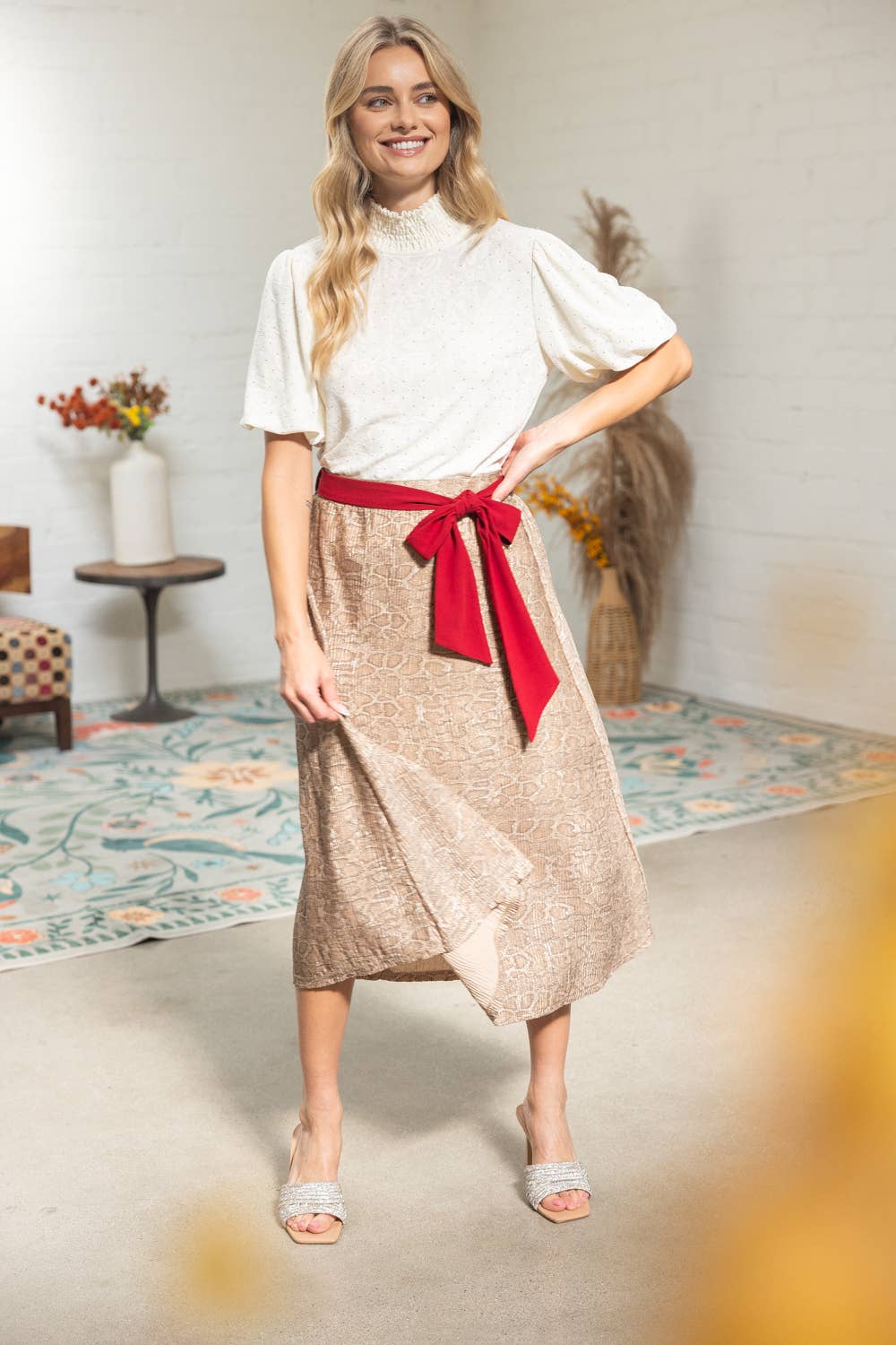 Red Belt Animal Print Midi Skirt