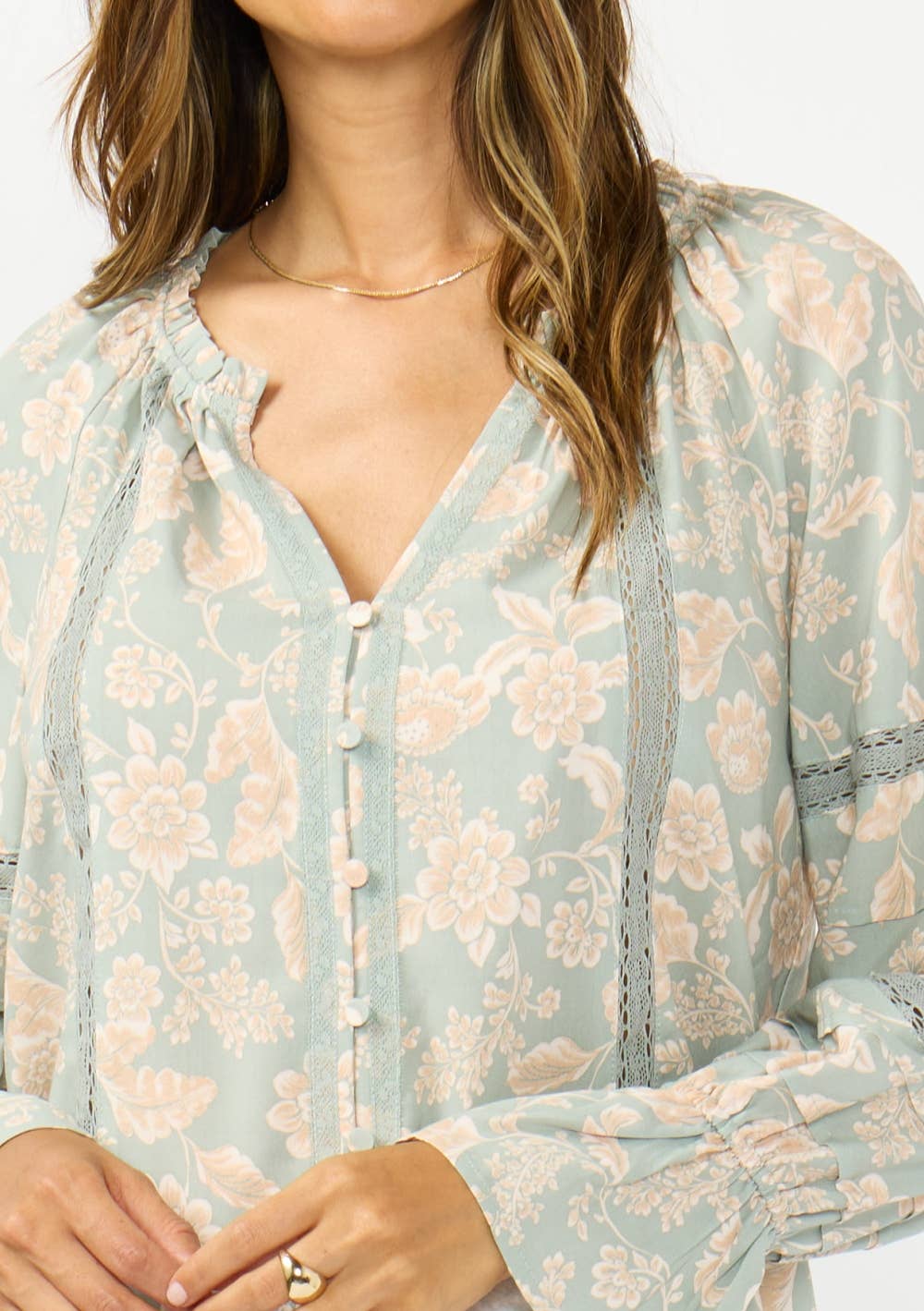 Button Front Blouse with Lace Trim